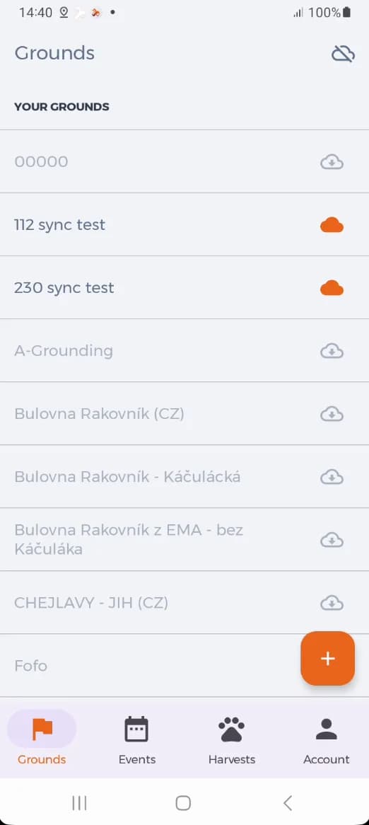 Die Revierliste im Offline-Modus: Die orange Wolke bedeutet Daten auf dem Telefon.