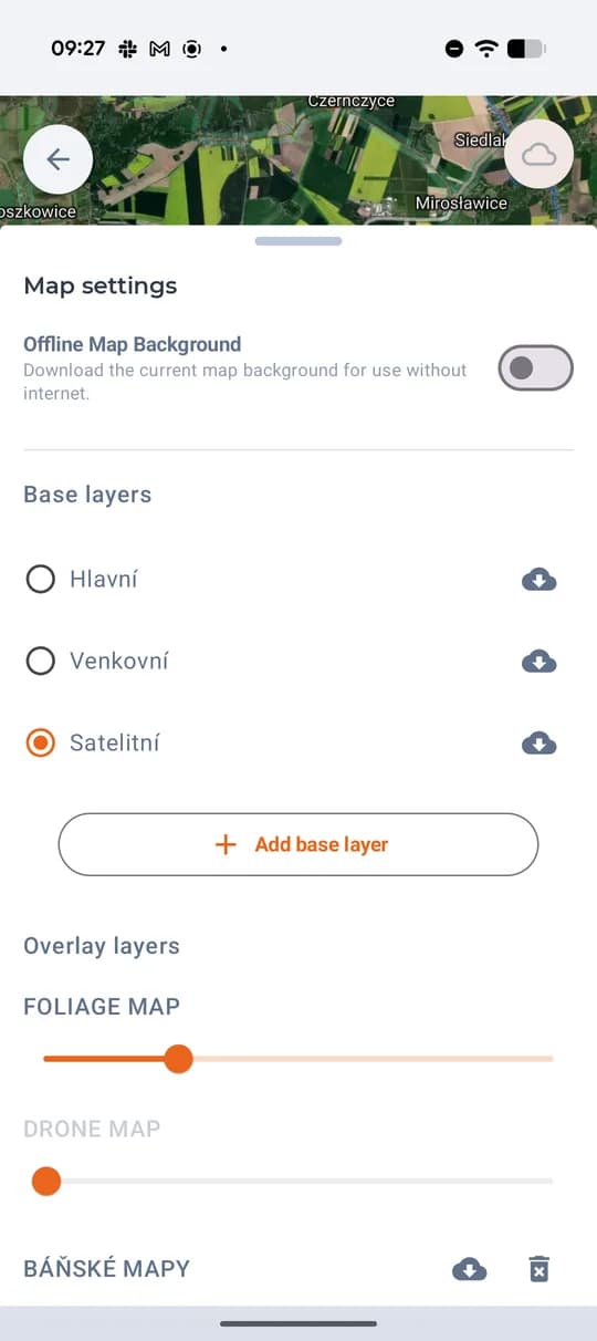 Karteneinstellungen: Basiskarten und Offline-Download.
