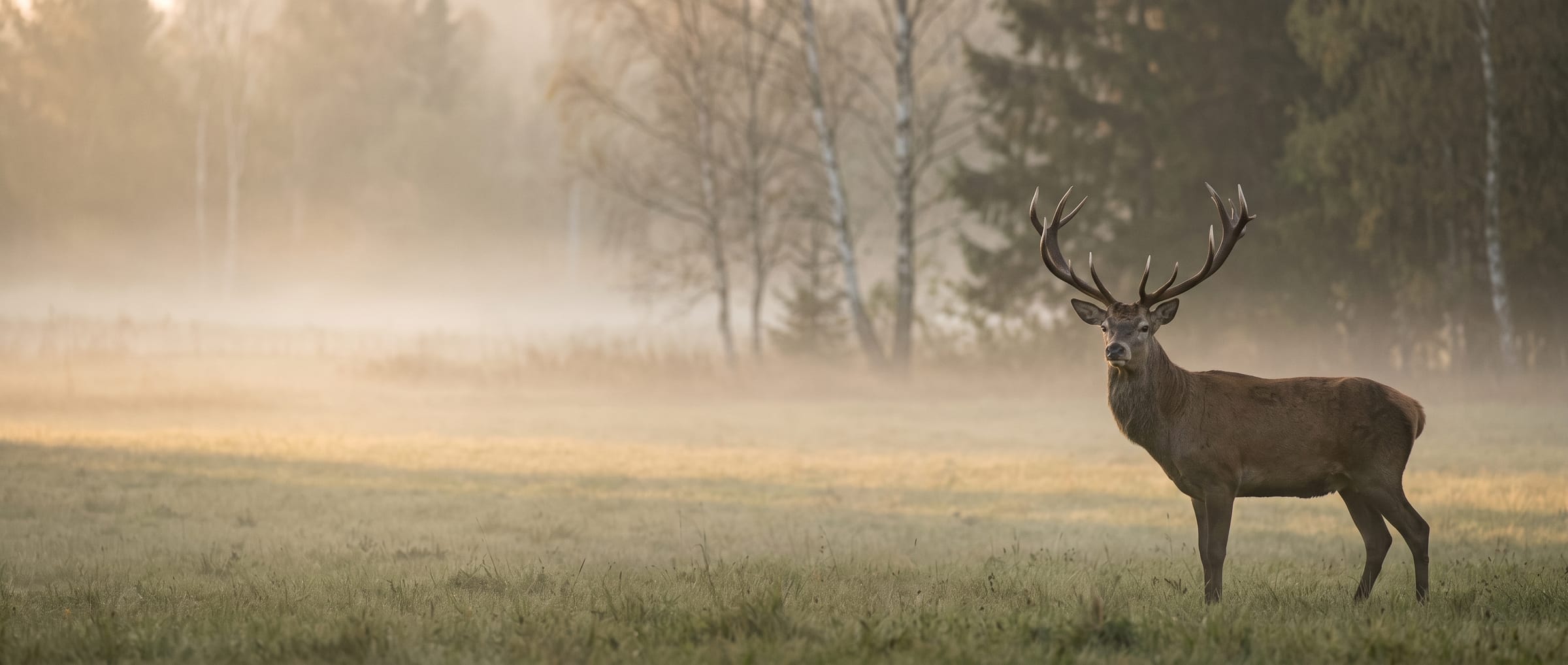 Rothirsch am Rand einer nebligen Wiese im Morgengrauen Rothirsch am Rand einer nebligen Wiese im Morgengrauen