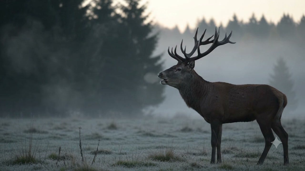 Röhrender Rothirsch auf einer frostigen Wiese im Morgengrauen. Röhrender Rothirsch auf einer frostigen Wiese im Morgengrauen.