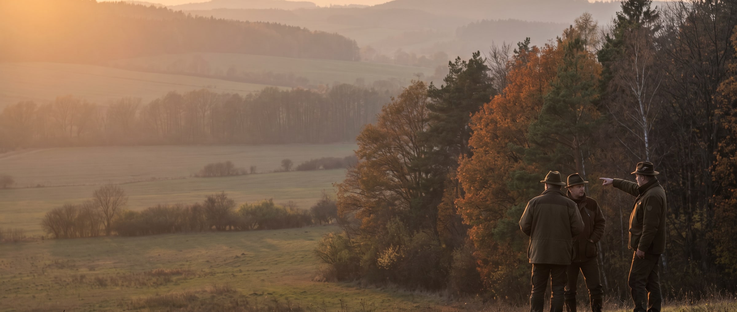 Drei Jäger am Waldrand, einer zeigt in die herbstliche Landschaft in der Dämmerung Drei Jäger am Waldrand, einer zeigt in die herbstliche Landschaft in der Dämmerung