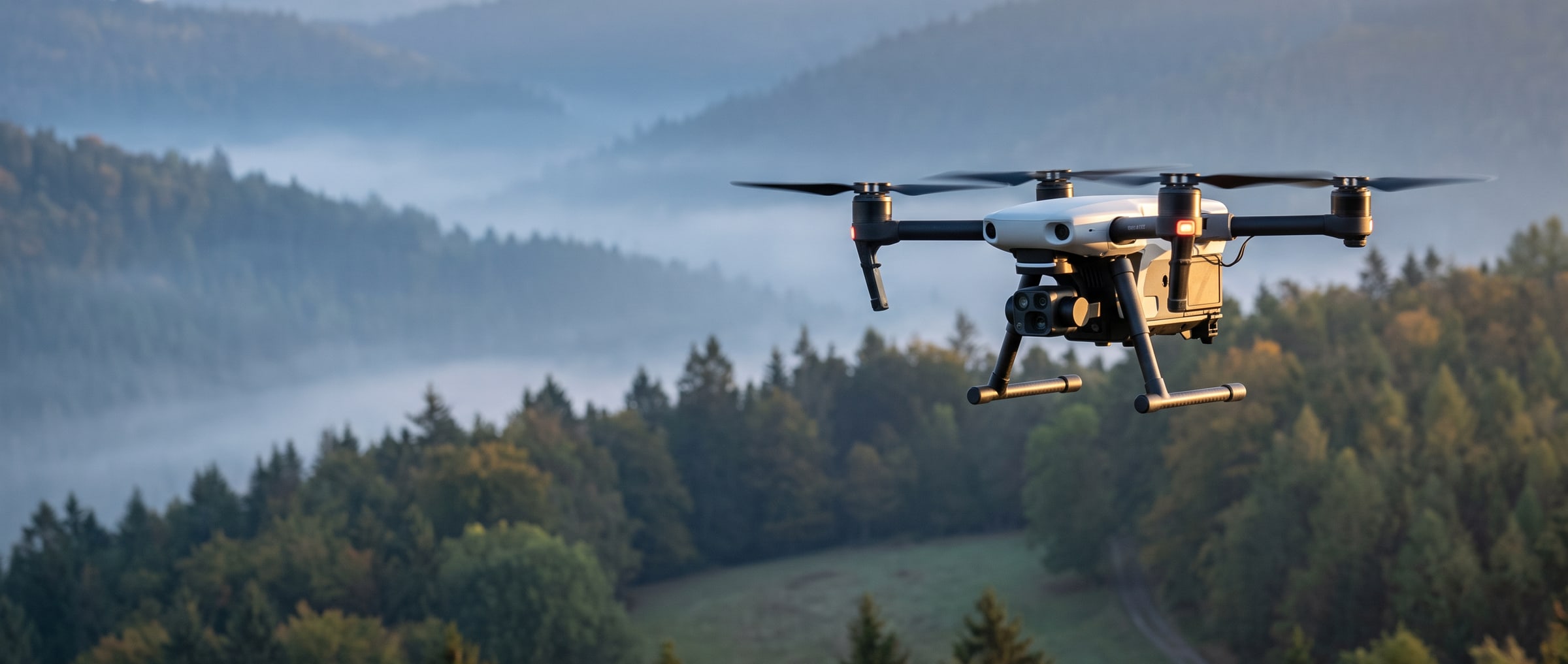 Eine Drohne mit Wärmebildkamera fliegt im Morgengrauen über ein bewaldetes Revier Eine Drohne mit Wärmebildkamera fliegt im Morgengrauen über ein bewaldetes Revier