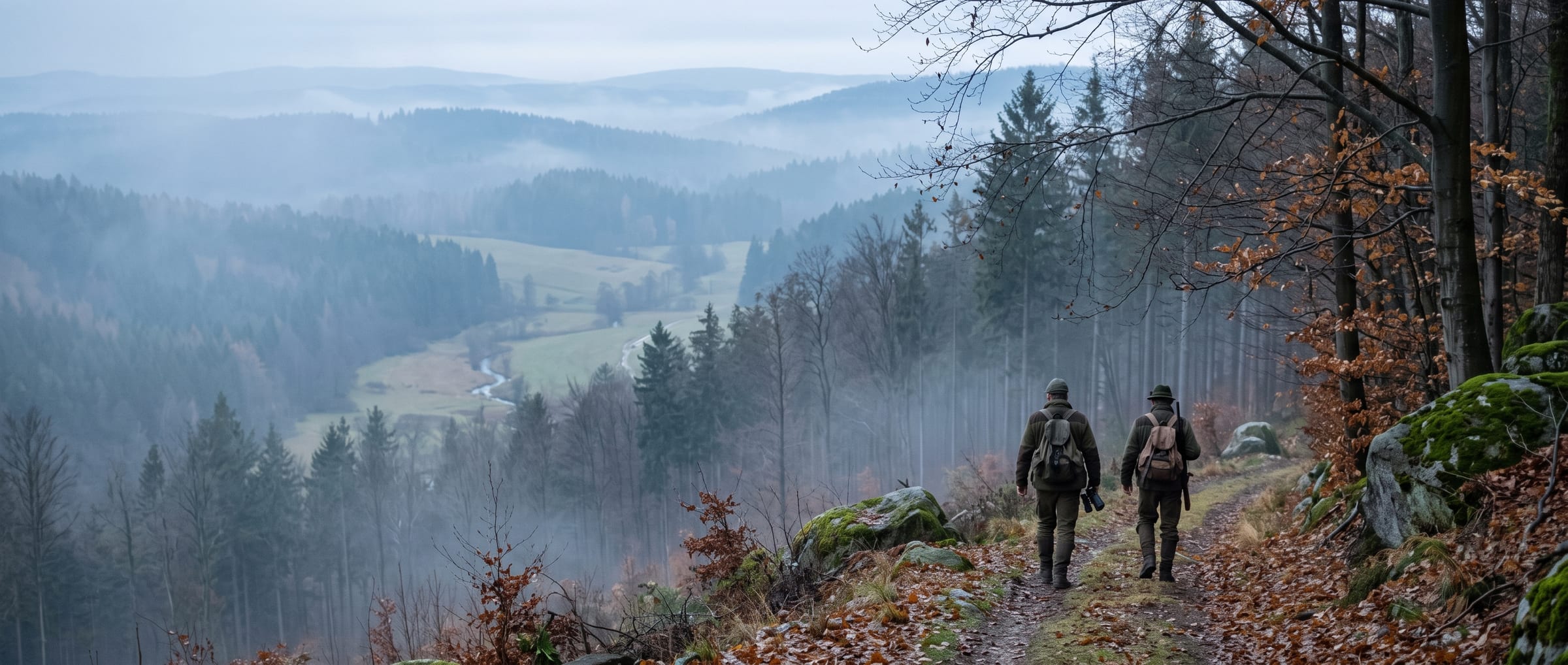 Zwei Jäger gehen auf einem Waldweg in ein nebliges Tal hinab.