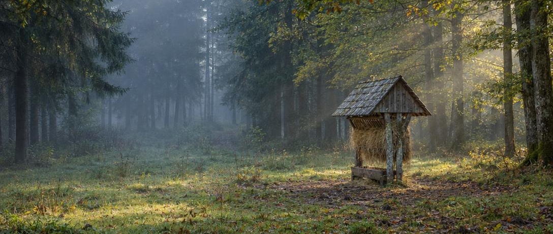 Eine verwitterte hölzerne Heuraufe auf einer neblichen Waldwiese, Sonnenstrahlen zwischen den Bäumen Eine verwitterte hölzerne Heuraufe auf einer neblichen Waldwiese, Sonnenstrahlen zwischen den Bäumen