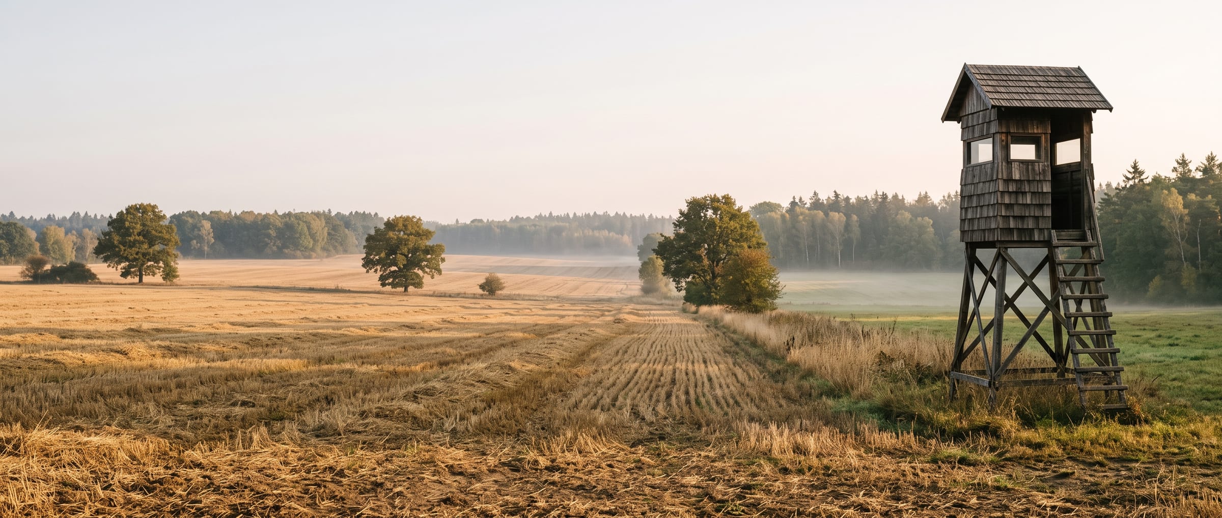 Ein hölzerner Hochsitz am Rand eines abgeernteten Feldes an einem nebligen Herbstmorgen Ein hölzerner Hochsitz am Rand eines abgeernteten Feldes an einem nebligen Herbstmorgen