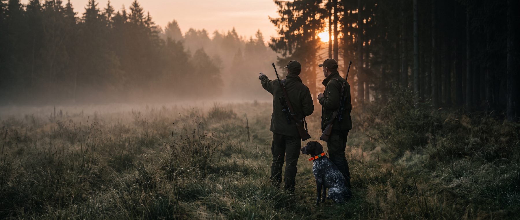 Zwei Jäger mit einem Hund im orangefarbenen GPS-Halsband am Waldrand im Morgennebel